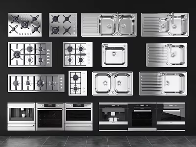 Different Kitchen Sink Designs with Stovetops Ovens and Countertops in Modern Kitchen 3d model