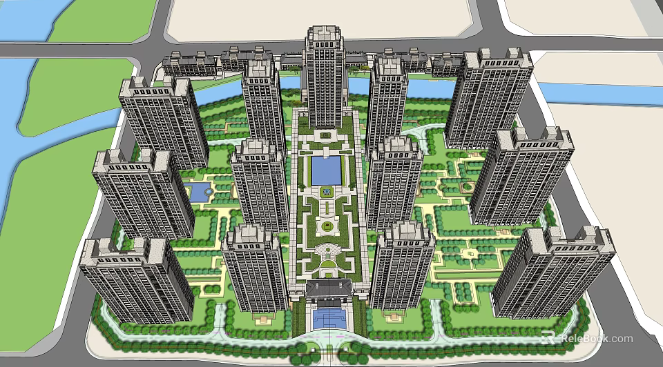 Modern High Rise Residential Complex With Central Garden Water Pool And Green Landscape Design 3d model 