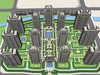 Modern High Rise Residential Complex With Central Garden Water Pool And Green Landscape Design 3d model
