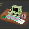 Retro Computer Setup on Wooden Desk With Screen Paul Test Keyboard Floppy Disks Magazine Cup