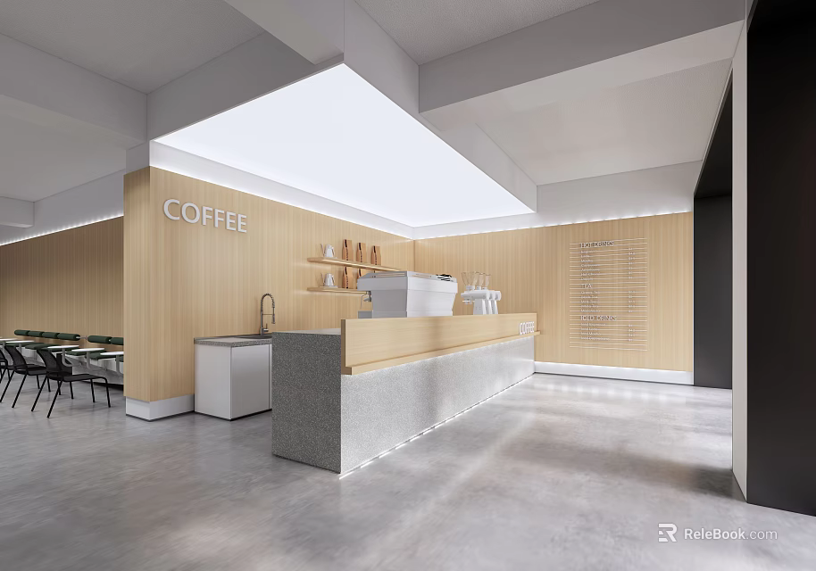 Modern Café Interior Design With Wooden Walls Counter And Seating Area 3d model 