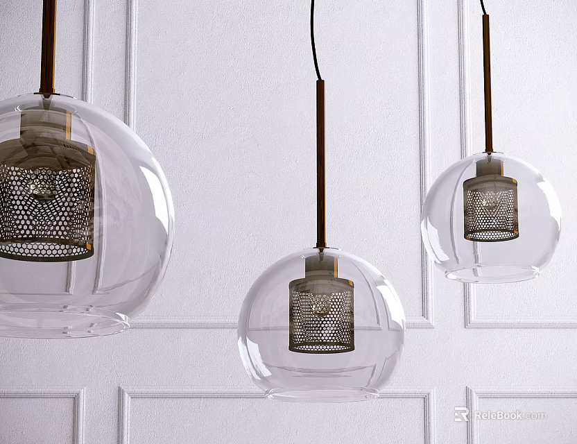 Modern Pendant Lights With Transparent Glass Globes And Metal Accents On White Paneled Wall 3d model 