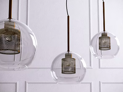 Modern Pendant Lights With Transparent Glass Globes And Metal Accents On White Paneled Wall 3d model