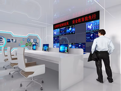 Modern Security Monitoring Room With Multiple Screens Computers And Staff Monitoring Real Time Surveillance 3d model