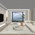 Modern Living Room Interior With Large TV Floor To Ceiling Windows View Beige Sofa And Coffee Table