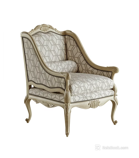 Elegant Beige Accent Chair with Geometric Fabric Pattern and Carved Wooden Frame Details 3d model 