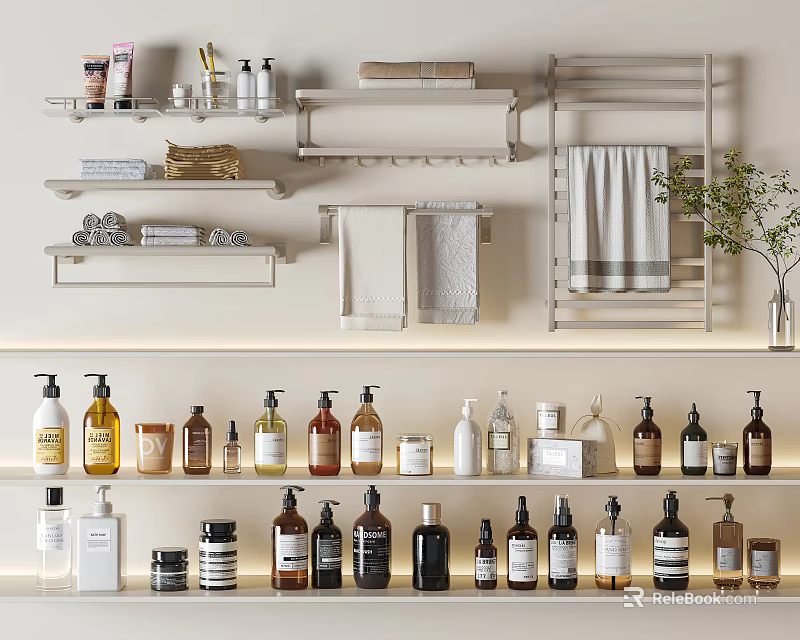 Modern Bathroom Accessories Collection With Various Bottles Towels And Storage Shelves 3d model 