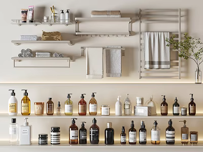 Modern Bathroom Accessories Collection With Various Bottles Towels And Storage Shelves 3d model