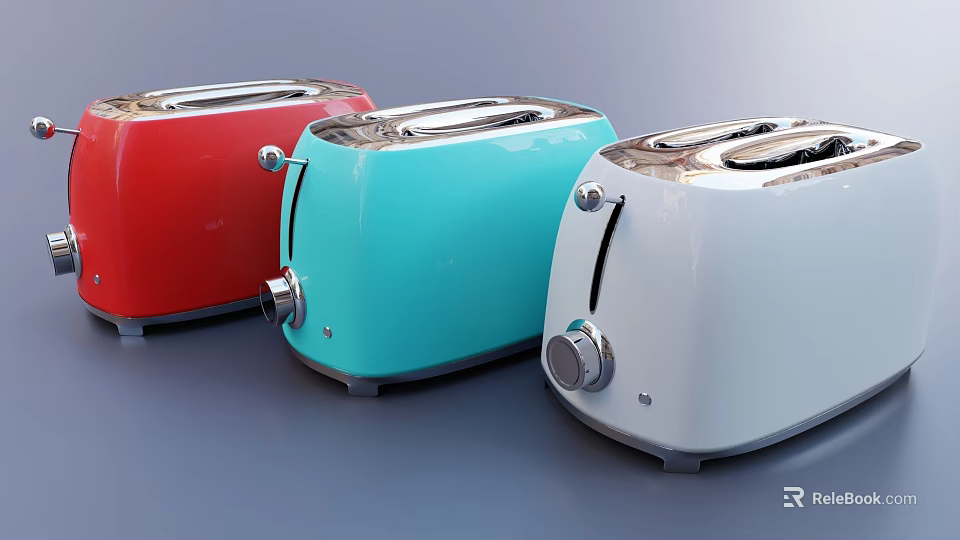 Colorful Kitchen Appliances Featuring Red Blue And White Toasters On 3d model 