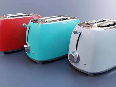 Colorful Kitchen Appliances Featuring Red Blue And White Toasters On 3d model