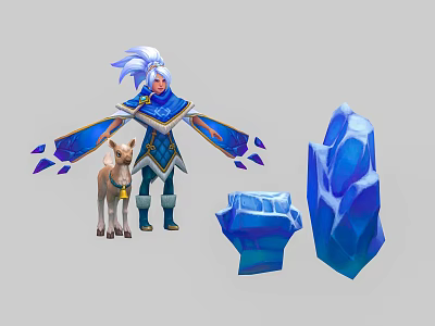 Mystical White Haired Character In Blue Outfit With Deer Companion And Ice Crystals 3d model