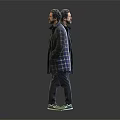 Man Back View in Plaid Coat and Front View Dark Coat Dark Pants Green Shoes