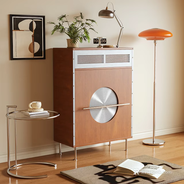 Modern Wooden Entryway Cabinet Sideboard With Metal Accents Potted Plant And Floor Lamp 3d model 
