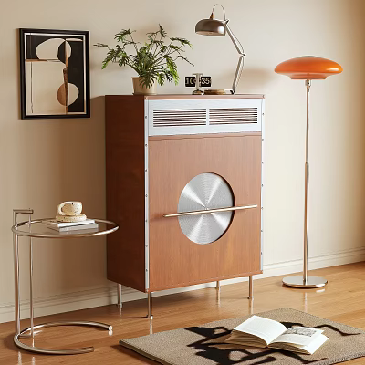 Modern Wooden Entryway Cabinet Sideboard With Metal Accents Potted Plant And Floor Lamp 3d model
