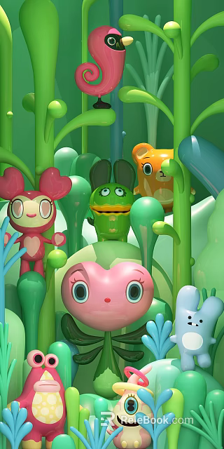 Cute Colorful Cartoon Characters In Green Plant Filled Background With Big Eyes 3d model 