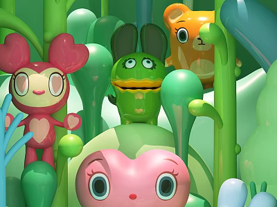Cute Colorful Cartoon Characters In Green Plant Filled Background With Big Eyes 3d model