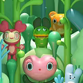 Cute Colorful Cartoon Characters In Green Plant Filled Background With Big Eyes