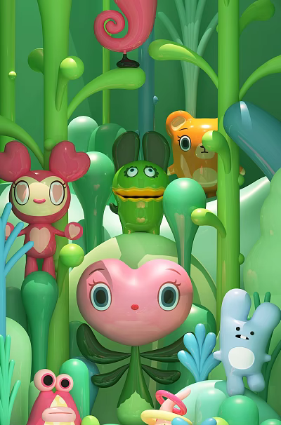 Cute Colorful Cartoon Characters In Green Plant Filled Background With Big Eyes 3d model Cute Colorful Cartoon Characters In Green Plant Filled Background With Big Eyes 3d model