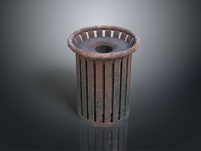 Rustic Brown Metal Trash Can With Striped Design Hollow Top Edge And Cylindrical Shape 3d model