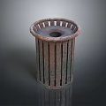 Rustic Brown Metal Trash Can With Striped Design Hollow Top Edge And Cylindrical Shape