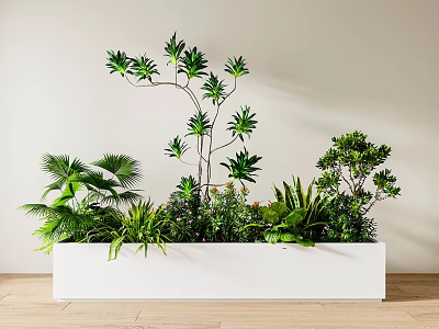 Indoor Potted Plants in White Rectangular Planter with Various Green Foliage and Different Leaf Shapes 3d model
