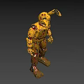 Creepy Yellow Damaged Robot With Blood Stained Body And Worn Parts