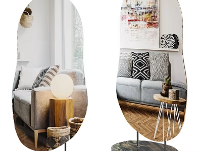 Mirror Reflects Modern Living Room With Sofa Side Table And Decor 3d model