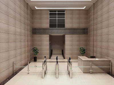 Elegant Reception Area Featuring Beige Walls Green Plants Turnstiles And Modern Reception Desk 3d model