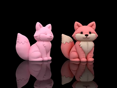 Two Pink Inflatable Fox Toys With Different Expressions Closed Open Eyes On Black Background Reflections 3d model