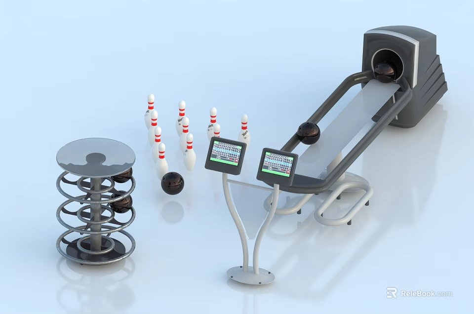 Bowling Sports Equipment With Pins Balls Lane Machine Scoring Displays And Ball Rack 3d model 