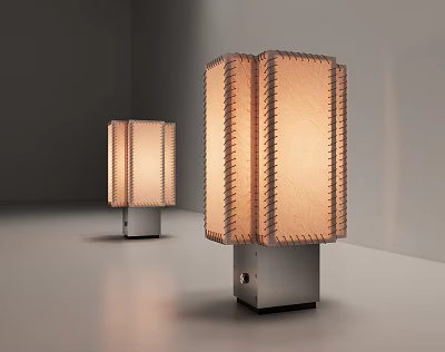 Modern Table Lamp With Beige Stitched Lampshade And Silver Base Design 3d model