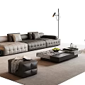 Modern Gray L Sofa and Coffee Table Set with Marble Top Footstool and Floor Lamp