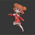 Red Cartoon Character with Pigtails and Purple Eyes in Dancing Pose 3D Stylized Illustration