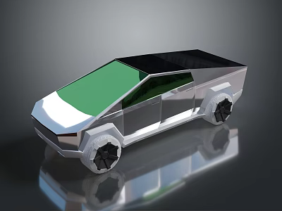 3D Model Car Featuring Polygonal Design Silver Body Green Top And Black Wheels 3d model