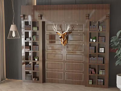 Large Wooden Bookcase With Deer Head Decor And Shelves Filled With Books In Living Room 3d model