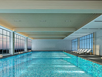 Spacious Indoor Swimming Pool Interior With Large Windows And Lounge Chairs 3d model