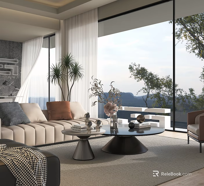 Elegant Modern Sofa And Round Coffee Table Set For Bright Panoramic View Living Room 3d model 