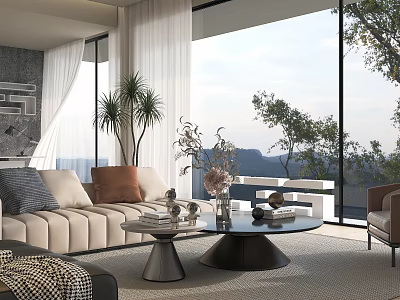 Elegant Modern Sofa And Round Coffee Table Set For Bright Panoramic View Living Room 3d model