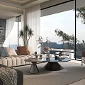 Elegant Modern Sofa And Round Coffee Table Set For Bright Panoramic View Living Room
