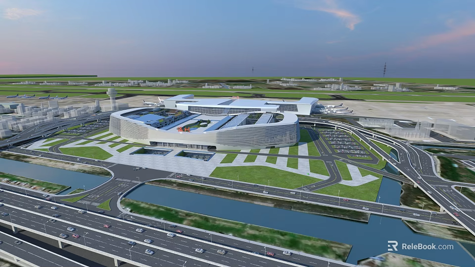 Aerial Planning of Modern Architecture Complex with Green Areas Waterfront Road Networks and Parking Lots 3d model 