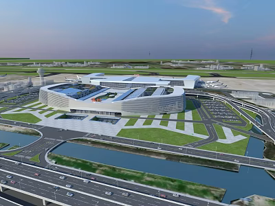 Aerial Planning of Modern Architecture Complex with Green Areas Waterfront Road Networks and Parking Lots 3d model