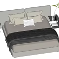 Modern Minimalist Double Bed with Pillows Gray Blanket and Side Table Plant Vase
