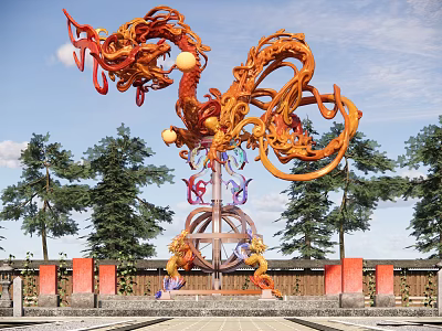 Vibrant Dragon Garden Ornament Sculpture With Red Pillars And Green Trees 3d model