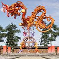 Vibrant Dragon Garden Ornament Sculpture With Red Pillars And Green Trees