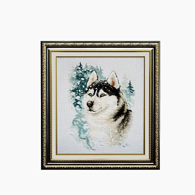 Elegant Husky Animal Painting with Green Trees Background in Watercolor Style and Golden Frame 3d model