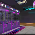 Modern Mall Interior With Purple Neon Lights Vending Machines And Shops Decoration