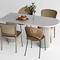 Modern Oval Dining Table Set with Rattan Chairs and Decorative Plant 3d model
