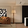 Modern Dining and Living Room Interior With Rattan Cabinet Pendant Light And Wooden Floor