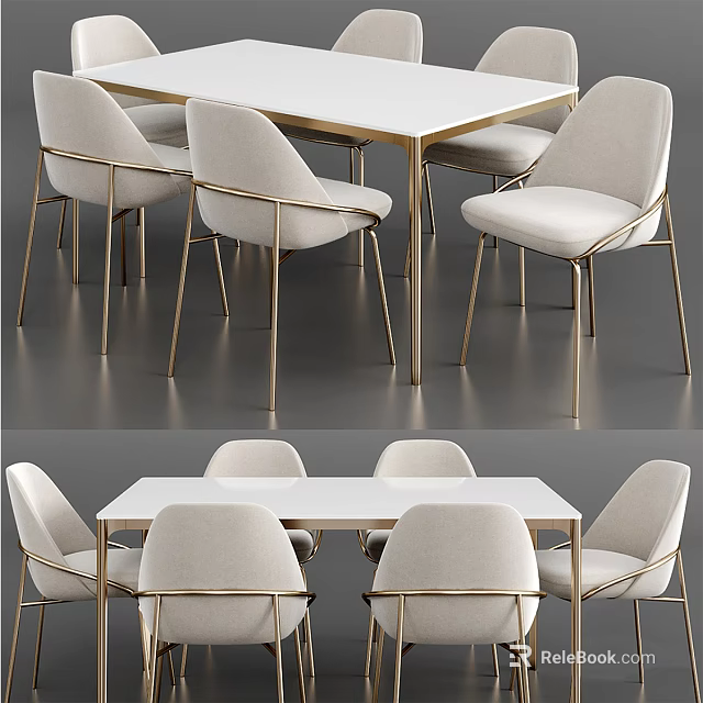 Elegant Modern Dining Table Set With Upholstered Chairs And Sleek Metal Legs Design 3d model 