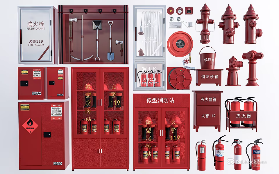 Complete Fire Equipment Set With Extinguishers Hydrants Cabinets And Tools 3d model